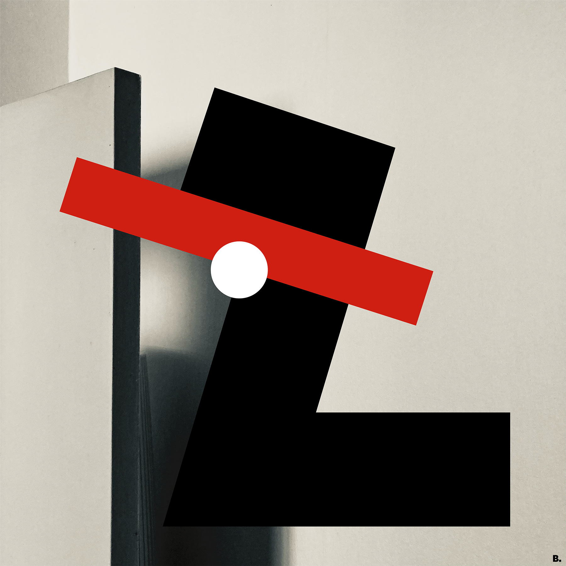 Composition graphique en noir, rouge et blanc sur photographie, par Bruno Bartkowiak